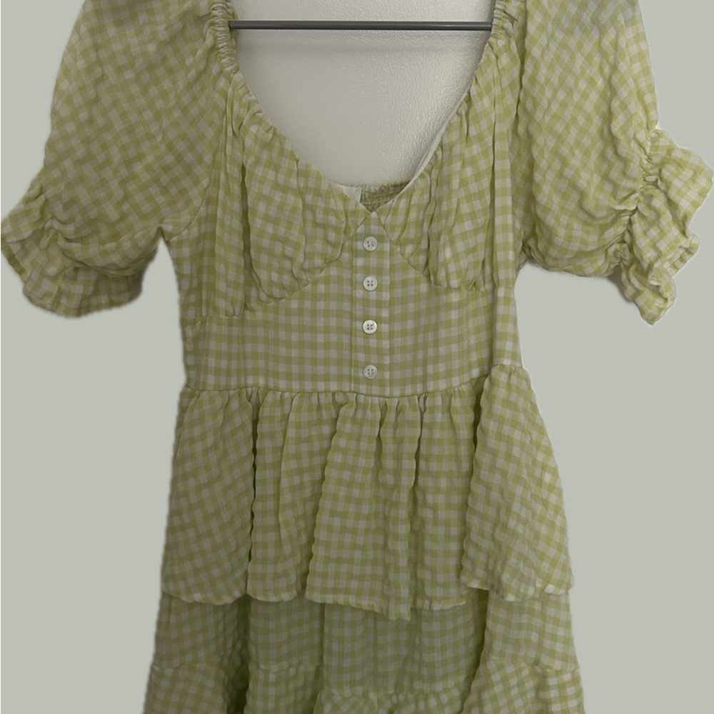 Gingham Puff Sleeve Romper in Light Green Gingham